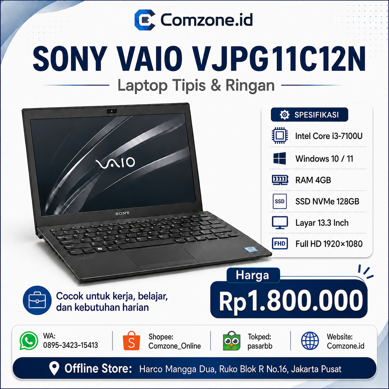 Laptop Slim Ringan Vaio VJPG11 Core i3-7100u RAM 4GB SSD 128GB FHD