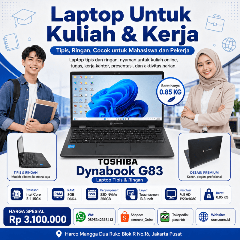 Laptop Tipis Ringan Toshiba Dynabook G83 Core i3-115G4 gen 11 Ram 8GB SSD 256GB Touchscreen FHD