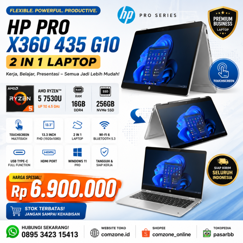 HP Pro X360 435 G10 Ryzen 5 7530U RAM 16GB SSD 256GB Touchscreen FHD 13.3" Laptop 2 in 1