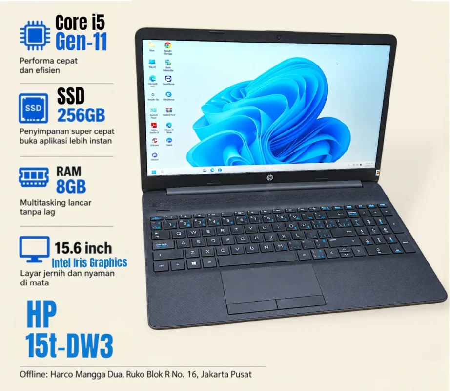 Laptop HP 15t-DW3 Core i5-1135G7 gen 11 SSD 256GB Ram 8GB intel Iris 15.6 inch